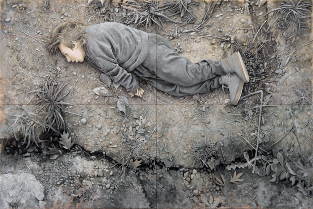 Painting by artist Tim Lowly of his disabled daughter Temma. She is wearing gray clothing and lying motionless on the dry earth, weeds and small pebbles scattered on the dirt.