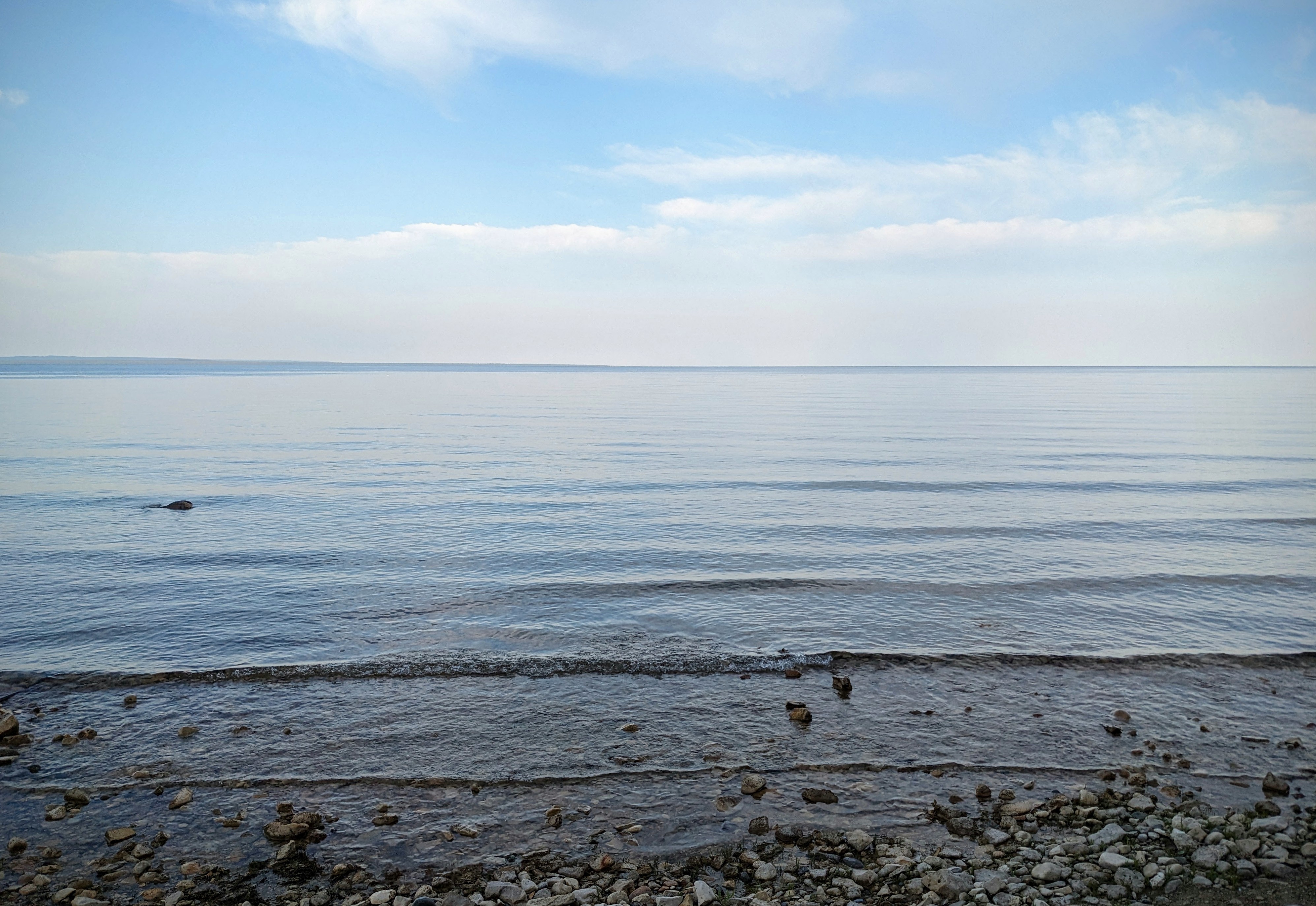 view of Straits of Mackinac from the shore of Upper Peninsula.