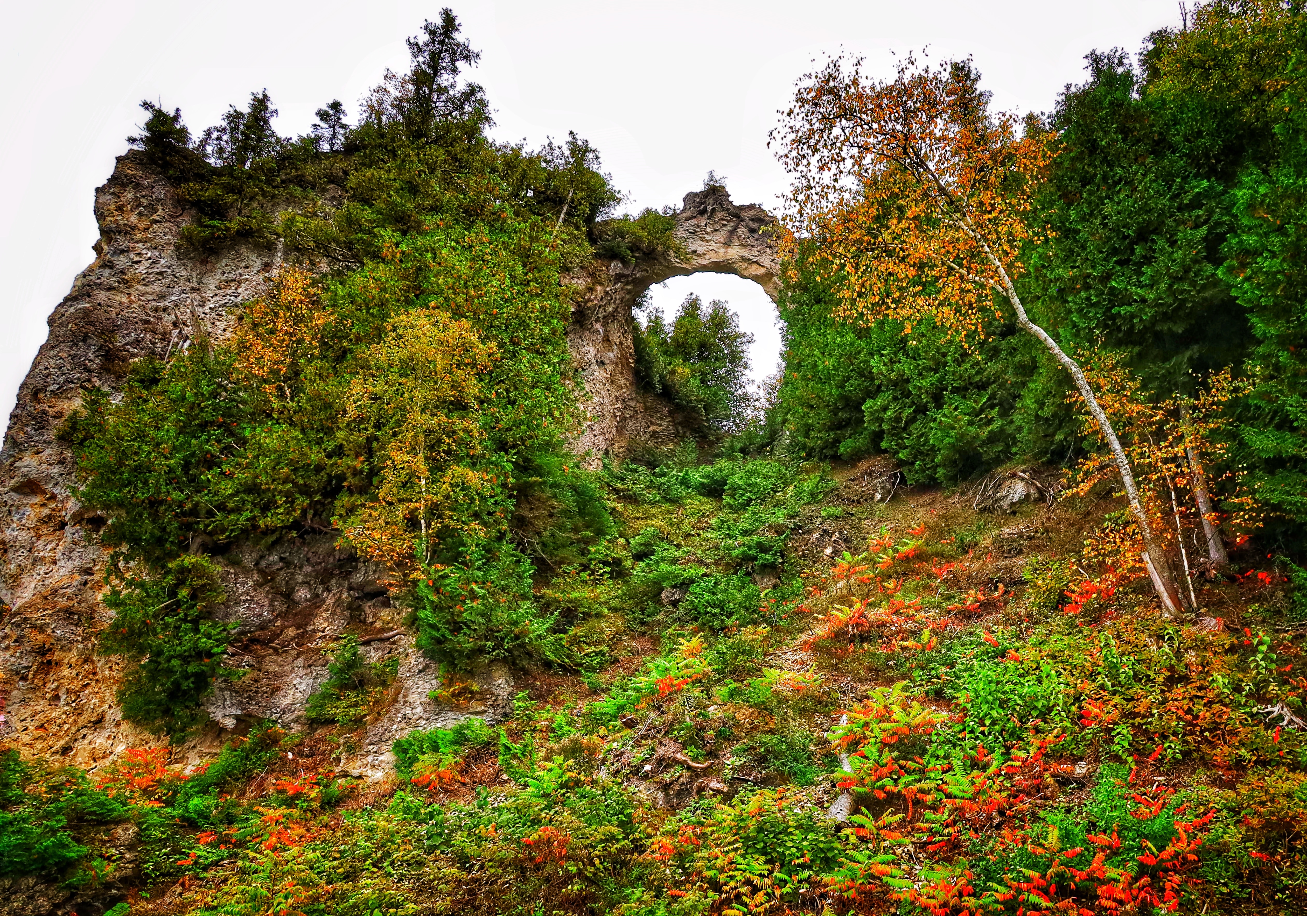 Arch Rock on Mackinac Island seen from below, autumn foliage on the cliff side below